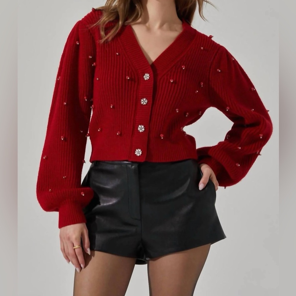ASTR Delsie Red Embellished Cardigan